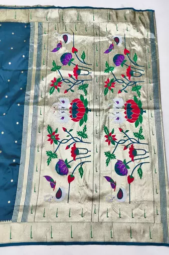 Firozi zari woven paithani silk blend saree with blouse piece