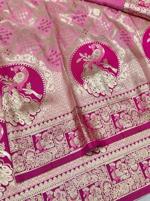 Pink zari woven silk blend saree with blouse piece 3
