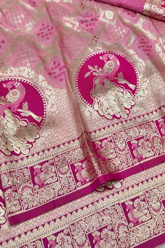 Pink zari woven silk blend saree with blouse piece