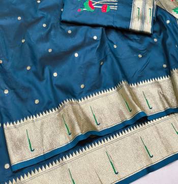 Firozi zari woven paithani silk blend saree with blouse piece 3