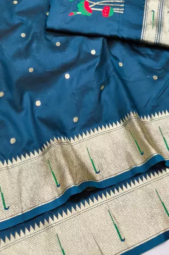 Firozi zari woven paithani silk blend saree with blouse piece