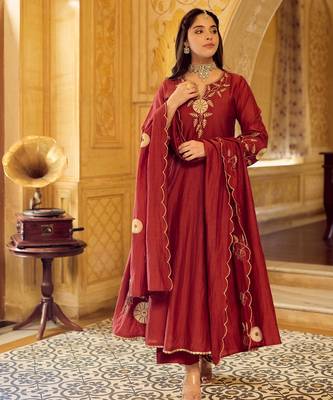 Maroon color stylish and partywear chanderi beautiful partywear dress 2