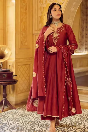 Maroon color stylish and partywear chanderi beautiful partywear dress