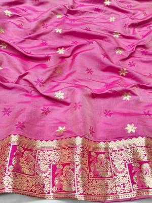 Pink zari woven silk blend saree with blouse piece 4