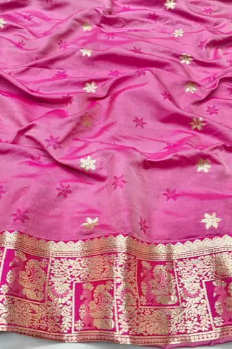 Pink zari woven silk blend saree with blouse piece