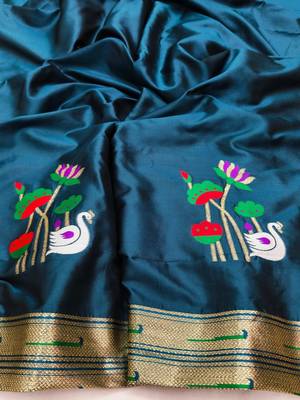 Firozi zari woven paithani silk blend saree with blouse piece 4
