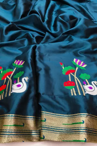Firozi zari woven paithani silk blend saree with blouse piece