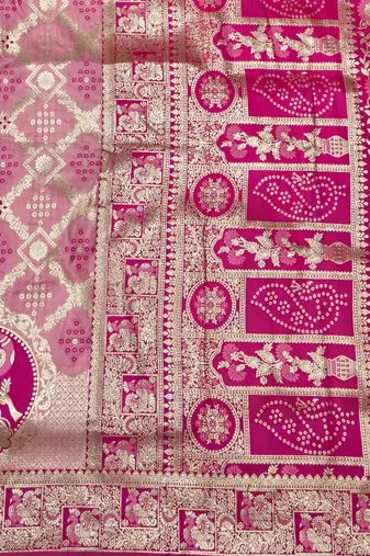 Pink zari woven silk blend saree with blouse piece