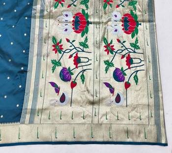 Firozi zari woven paithani silk blend saree with blouse piece 5