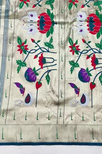 Firozi zari woven paithani silk blend saree with blouse piece