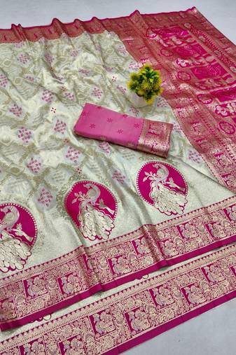 Cream zari woven banarasi silk blend saree with blouse piece