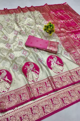 Cream zari woven banarasi silk blend saree with blouse piece
