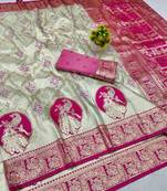 Cream zari woven banarasi silk blend saree with blouse piece