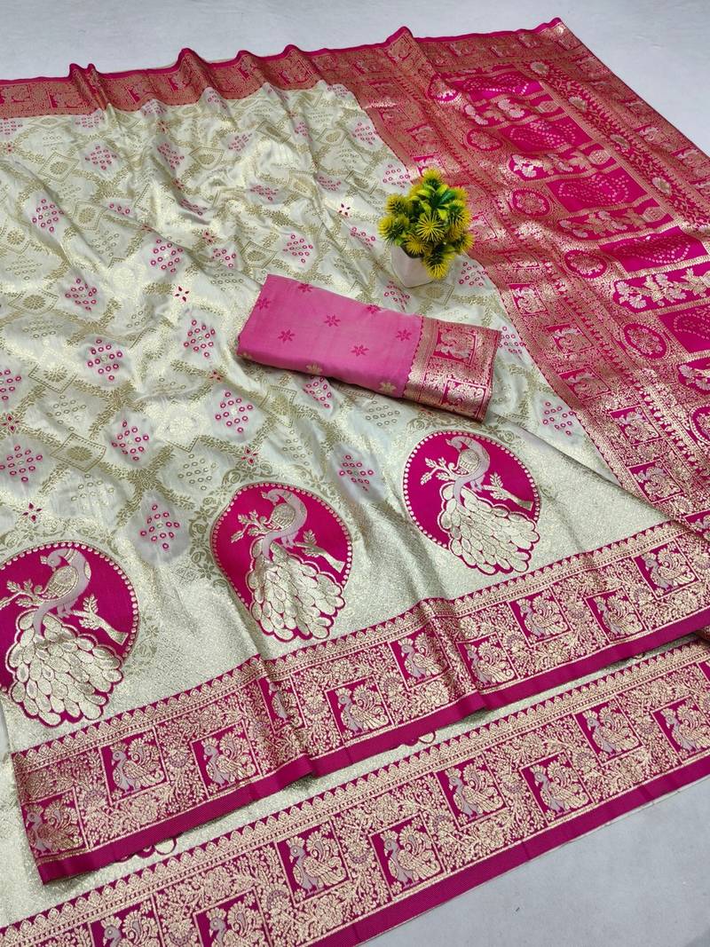 Cream zari woven banarasi silk blend saree with blouse piece
