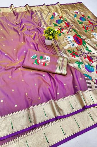 Purple zari woven paithani silk blend saree with blouse piece