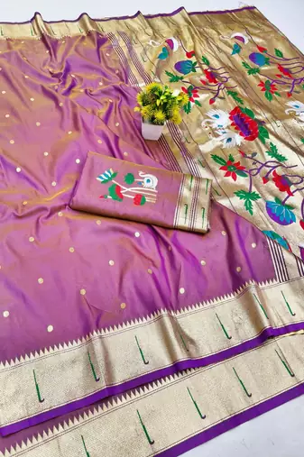 Purple zari woven paithani silk blend saree with blouse piece