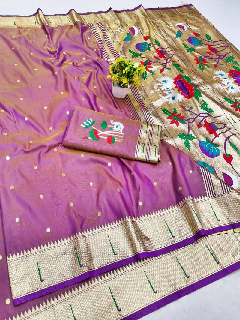 Purple zari woven paithani silk blend saree with blouse piece
