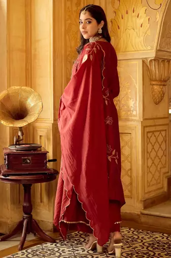 Maroon color stylish and partywear chanderi beautiful partywear dress