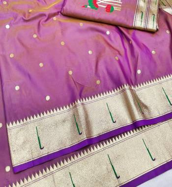 Purple zari woven paithani silk blend saree with blouse piece 3