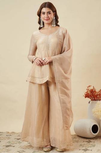 Cream color stylish and partywear crunchy silk beautiful partywear dress