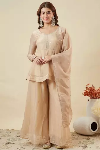 Cream color stylish and partywear crunchy silk fabric beautiful partywear dress