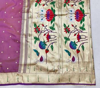 Purple zari woven paithani silk blend saree with blouse piece 5