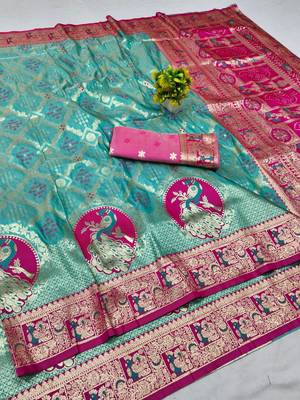 Blue zari woven silk blend saree with blouse piece 1