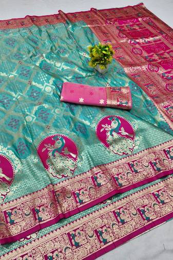 Blue zari woven banarasi silk blend saree with blouse piece