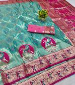 Blue zari woven banarasi silk blend saree with blouse piece