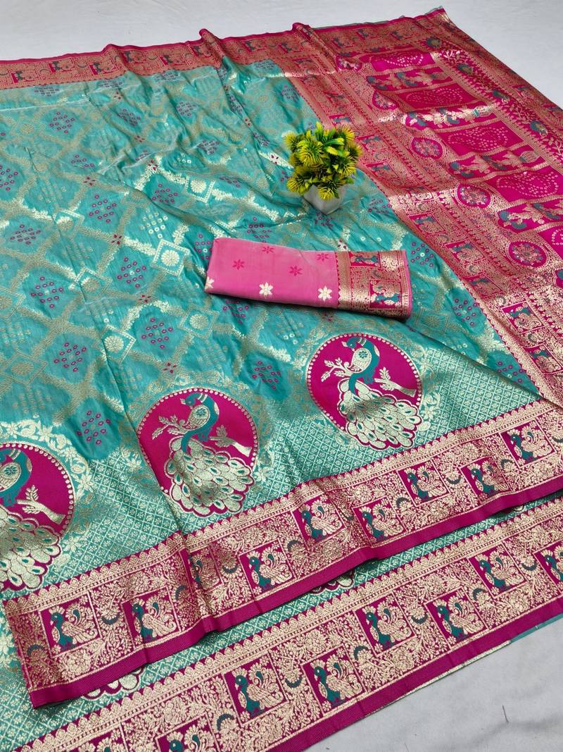 Blue zari woven banarasi silk blend saree with blouse piece