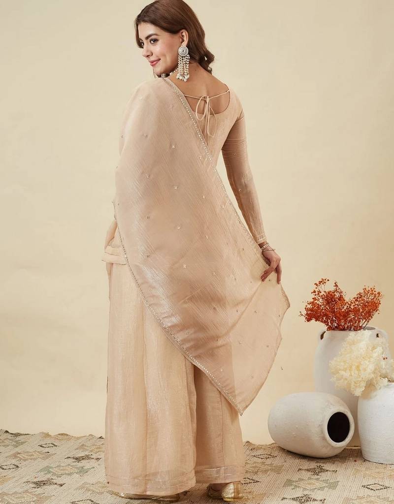 Cream color stylish and partywear crunchy silk beautiful partywear dress
