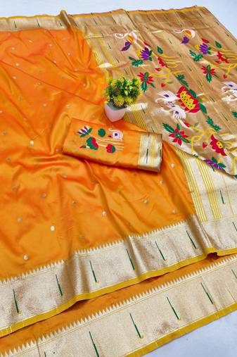 Gold zari woven paithani silk blend saree with blouse piece