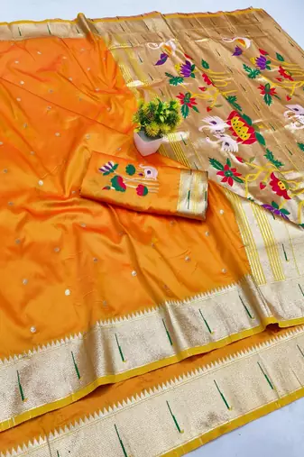 Gold zari woven paithani silk blend saree with blouse piece