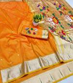 Gold zari woven paithani silk blend saree with blouse piece