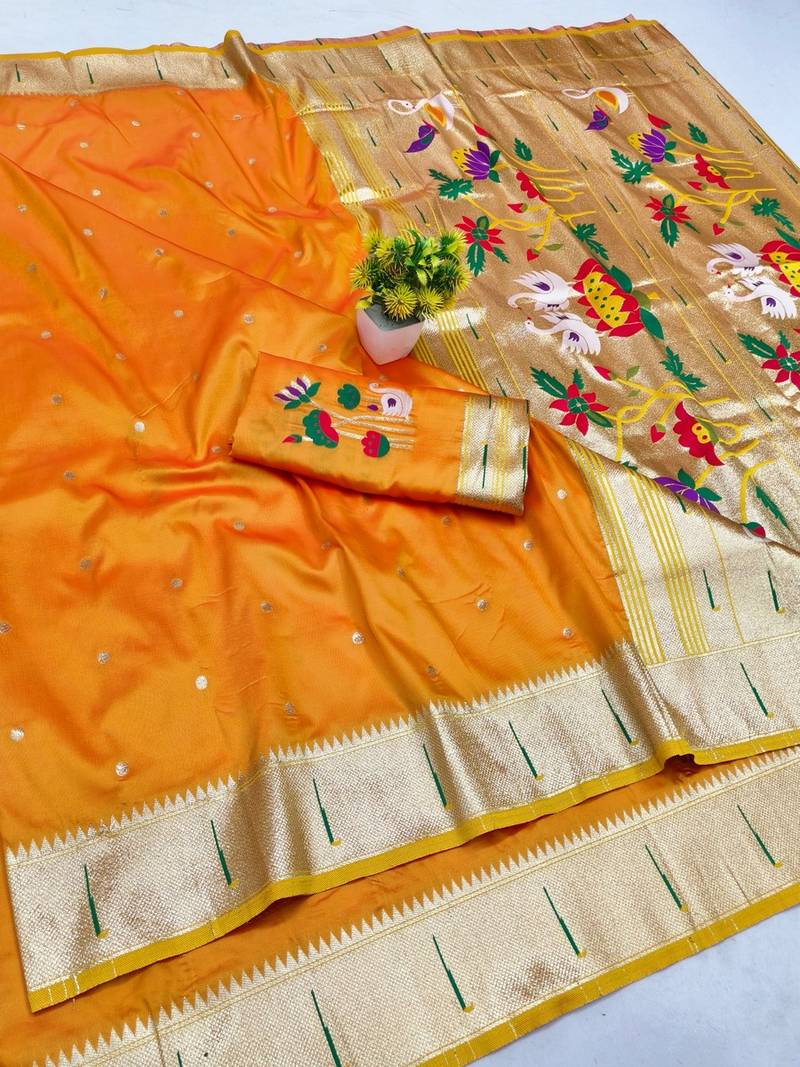 Gold zari woven paithani silk blend saree with blouse piece