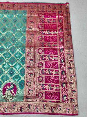 Blue zari woven silk blend saree with blouse piece 2