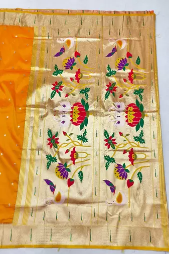 Gold zari woven paithani silk blend saree with blouse piece
