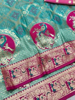 Blue zari woven silk blend saree with blouse piece 3