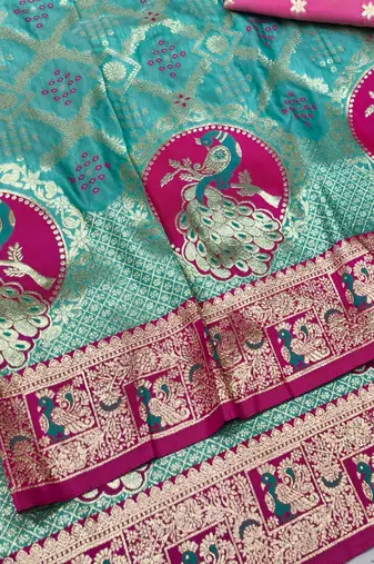 Blue zari woven silk blend saree with blouse piece