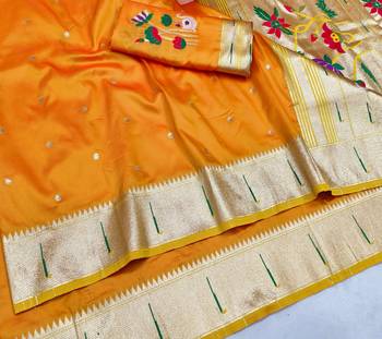 Gold zari woven paithani silk blend saree with blouse piece 3