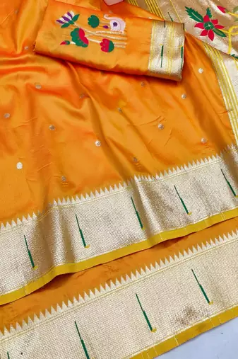 Gold zari woven paithani silk blend saree with blouse piece