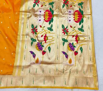 Gold zari woven paithani silk blend saree with blouse piece 5