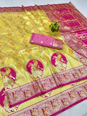 Gold zari woven silk blend saree with blouse piece 1