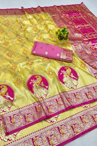 Gold zari woven banarasi silk blend saree with blouse piece
