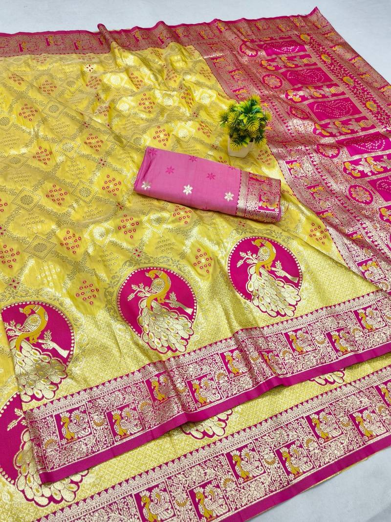 Gold zari woven banarasi silk blend saree with blouse piece