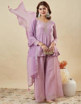 Lavender color stylish and partywear crunchy silk beautiful partywear dress 1