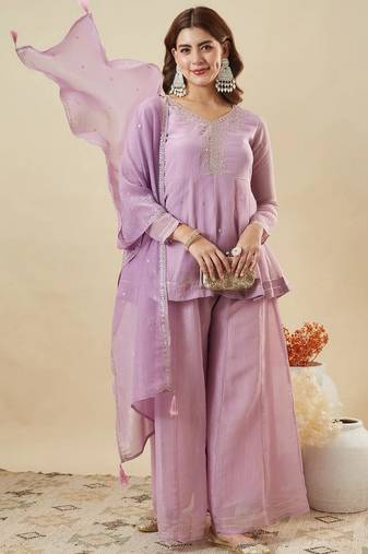 Lavender color stylish and partywear crunchy silk beautiful partywear dress