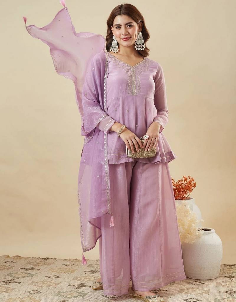 Lavender color stylish and partywear crunchy silk beautiful partywear dress