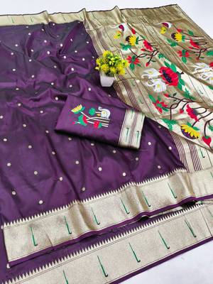 Wine zari woven paithani silk blend saree with blouse piece 1