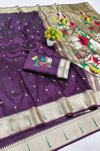 Wine zari woven paithani silk blend saree with blouse piece